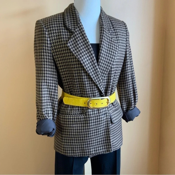 VINTAGE Brown/Tan Houndstooth Structured Blazer Size 10 - Picture 12 of 14